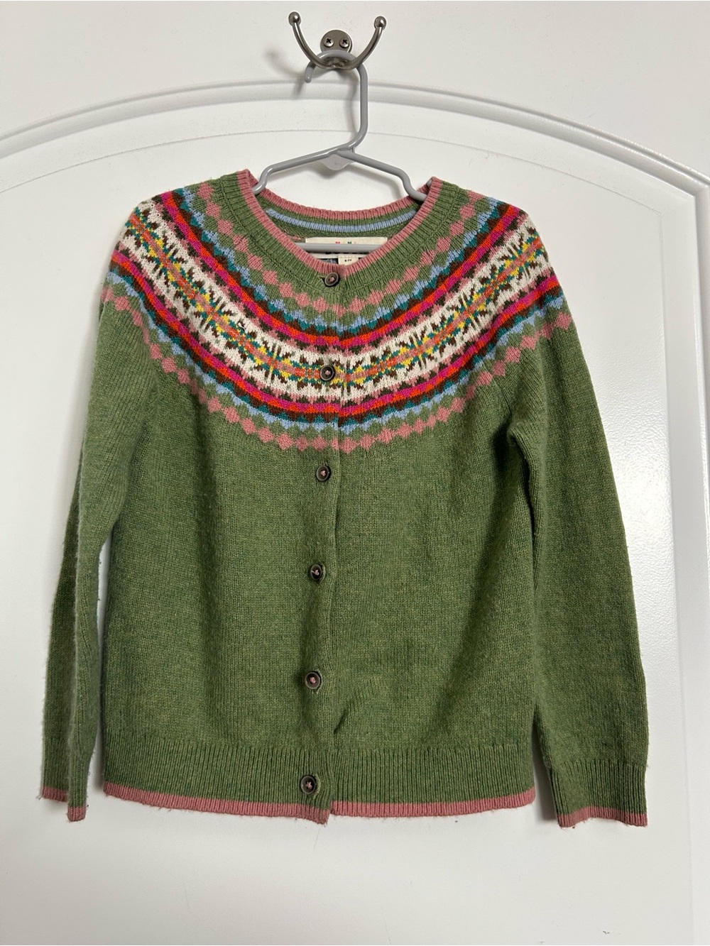 Mini Boden Olive Green Fair Isle Cardigan Wool Blend size 6-7Y fall cottagecore
